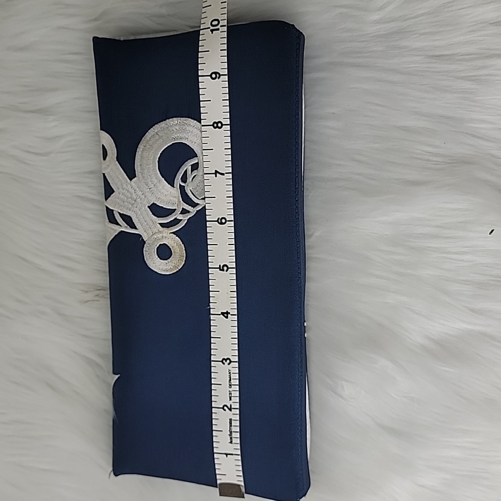 SHIRALEAH Navy Blue Silk White Embroidered Anchor Nautical Preppy Clutch Bag - Picture 7 of 16